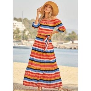 Boston Proper NWT Multi Stripe Off the Shoulder Tiered Maxi Dress Summer Size S